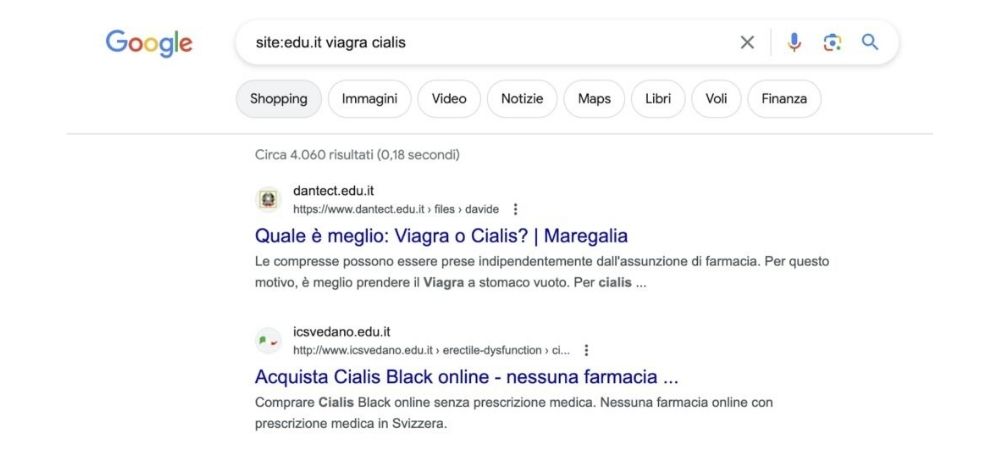 Esempio pagina indicizzata create da malware